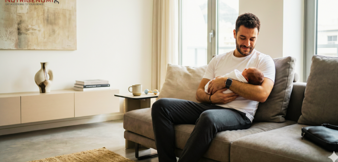 Άνδρας κρατά νεογέννητο μωρό στον καναπέ, σε ζεστό οικογενειακό περιβάλλον