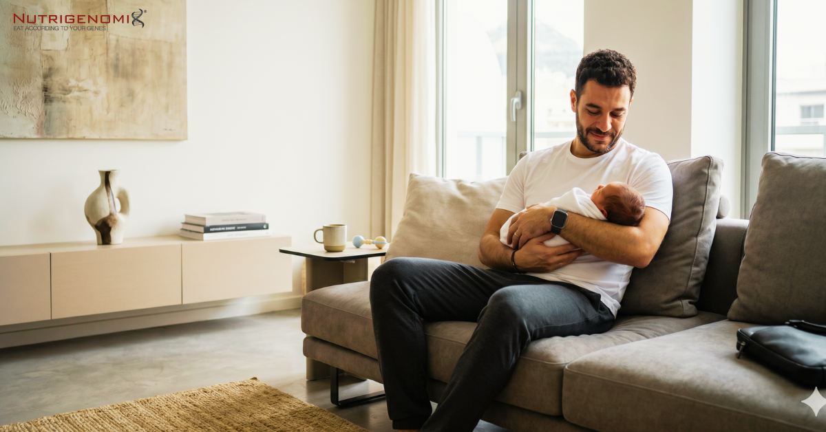 Άνδρας κρατά νεογέννητο μωρό στον καναπέ, σε ζεστό οικογενειακό περιβάλλον